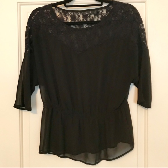 Black Lace and Chiffon 3/4 Sleeve Peplum Blouse - Picture 1 of 5